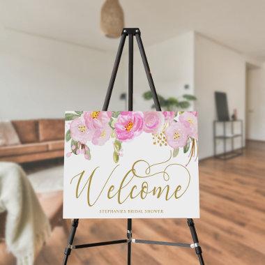 Gold Calligraphy Pink Floral Welcome Easel Sign