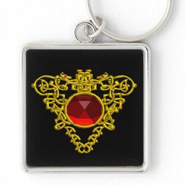 GOLD CELTIC HEART JEWEL WITH RED RUBY GEMSTONE KEYCHAIN