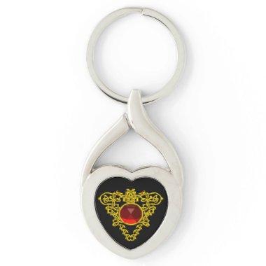 GOLD CELTIC HEART JEWEL WITH RED RUBY GEMSTONE KEYCHAIN