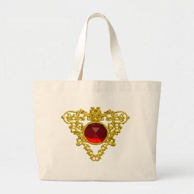 GOLD CELTIC HEART JEWEL WITH RED RUBY GEMSTONE LARGE TOTE BAG