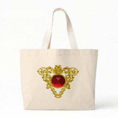 GOLD CELTIC HEART JEWEL WITH RED RUBY GEMSTONE LARGE TOTE BAG