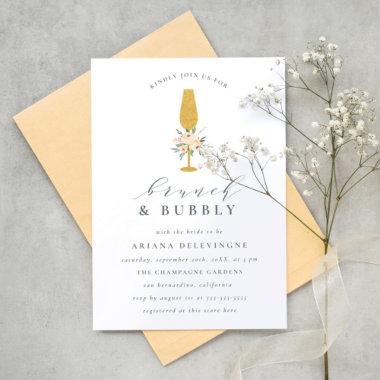 Gold Champagne & Floral Bouquet Brunch & Bubbly Invitations