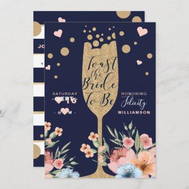 Gold Champagne | Florals & Stripe Bridal Shower Invitations