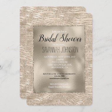 Gold Champagne Glitter Zebra Print Bridal Shower Invitations