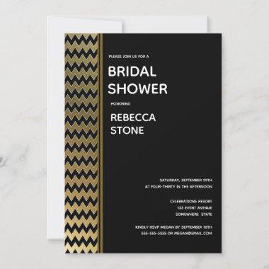 Gold Chevron Stripe Black Bridal Shower Invitations