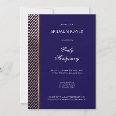 Gold Chevron Stripe Navy Blue Bridal Shower Invitations