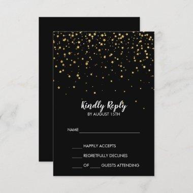Gold Confetti | Black Simple Wedding RSVP Card