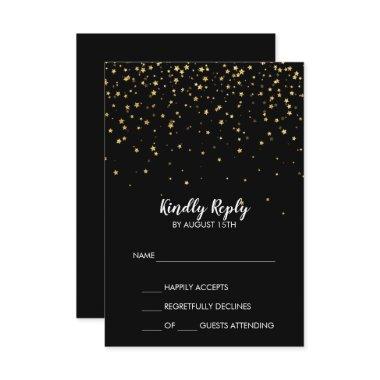 Gold Confetti | Black Simple Wedding RSVP Card