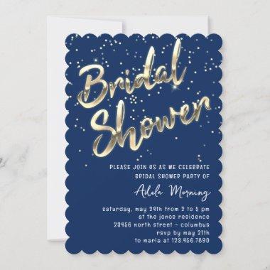 Gold Confetti Bridal Shower Script Blue Navy Invitations