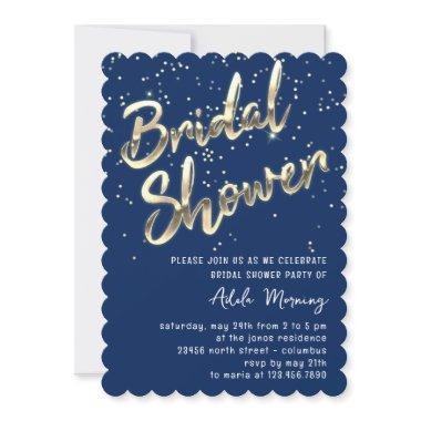 Gold Confetti Bridal Shower Script Blue Navy Invitations