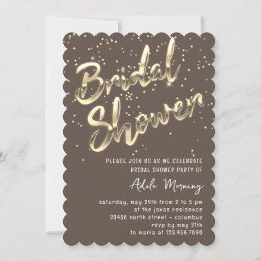 Gold Confetti Bridal Shower Script Brown Invitations