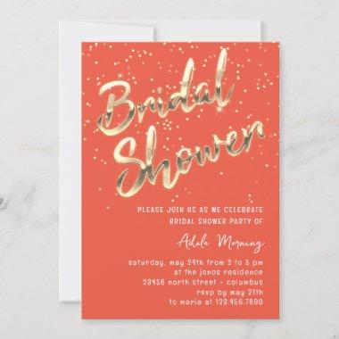 Gold Confetti Bridal Shower Script Coral Invitations