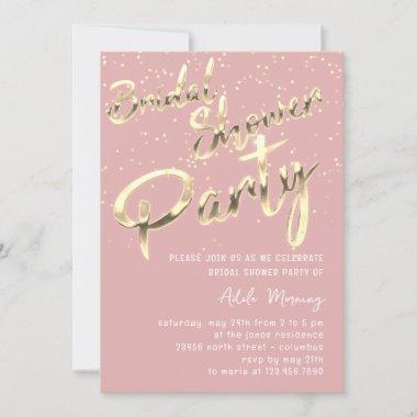Gold Confetti Bridal Shower Script Pink Rose Invitations
