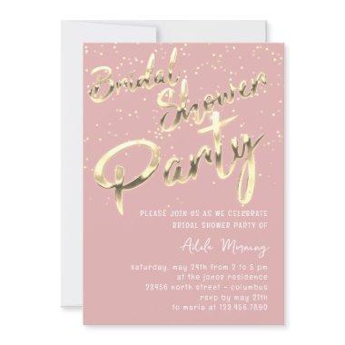 Gold Confetti Bridal Shower Script Pink Rose Invitations