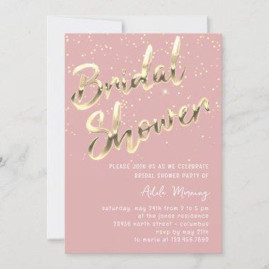 Gold Confetti Bridal Shower Script Pink Rose Party Invitations
