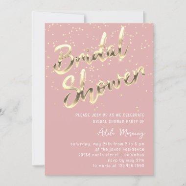 Gold Confetti Bridal Shower Script Pink RosePowder Invitations
