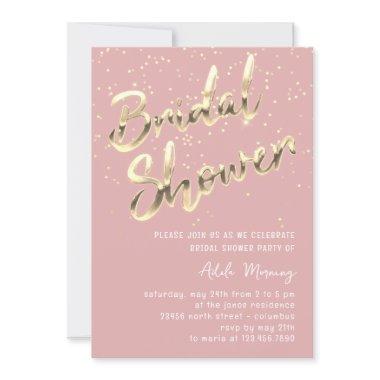 Gold Confetti Bridal Shower Script Pink RosePowder Invitations