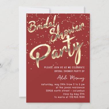 Gold Confetti Bridal Shower Script Red White  Invitations