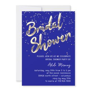 Gold Confetti Bridal Shower Script Royal Blue Invitations