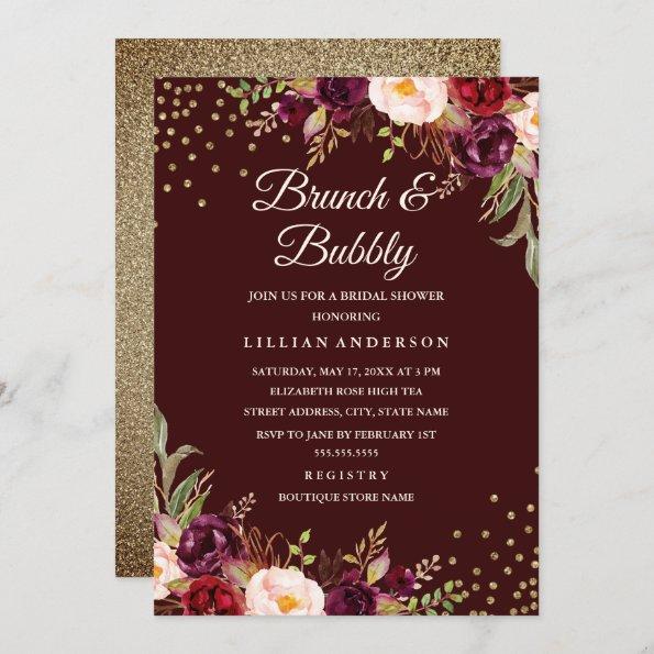 Gold Confetti Burgundy Floral Brunch and Bubbly Invitations