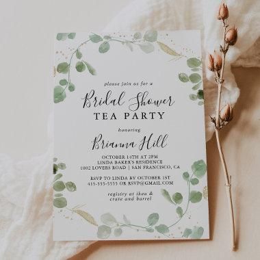 Gold Confetti Eucalyptus Bridal Shower Tea Party Invitations