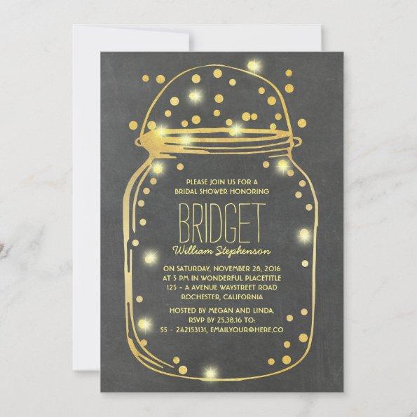 Gold Confetti Fireflies Mason Jar Bridal Shower Invitations
