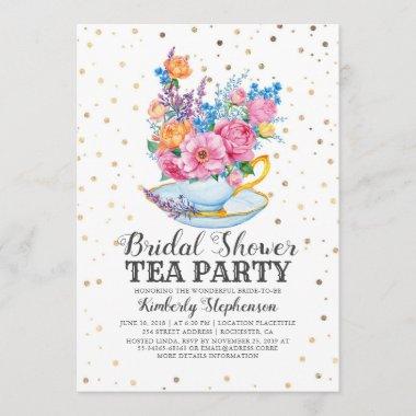 Gold Confetti | Floral Bridal Shower Tea Party Invitations