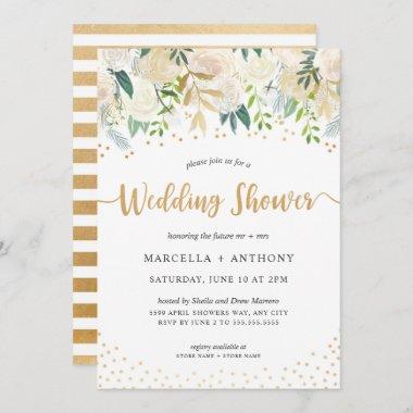 Gold Confetti + White Floral Couples Invitations