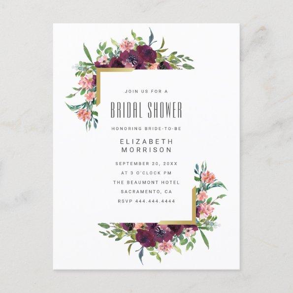 Gold Corners Plum Watercolor Floral Bridal Shower Invitation PostInvitations