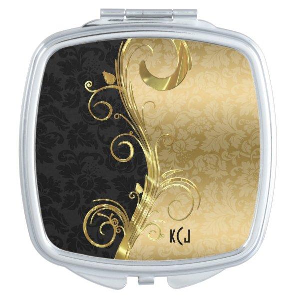 Gold Damask And Swirl And Black Damask Makeup Mirror