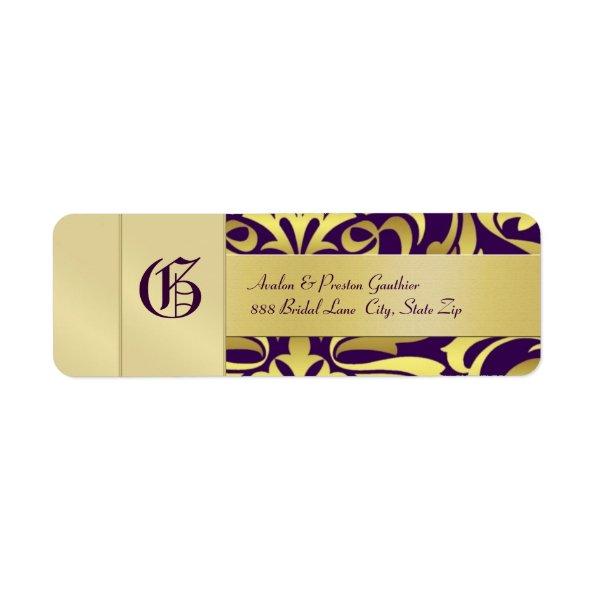 Gold Damask Monogram Purple Wedding Address Label