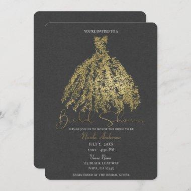 Gold & Dark Grey Botanical Dress Bridal Shower Invitations