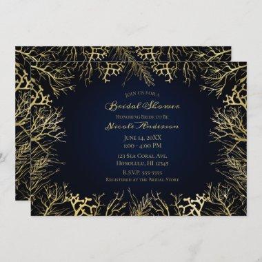 Gold & Dark Navy Blue Elegant Coral Bridal Shower Invitations