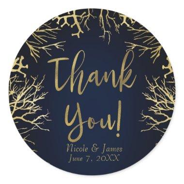 Gold & Dark Navy Blue Elegant Coral Wedding Classic Round Sticker