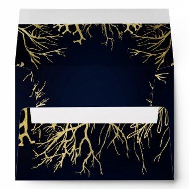 Gold & Dark Navy Blue Elegant Coral Wedding Envelope