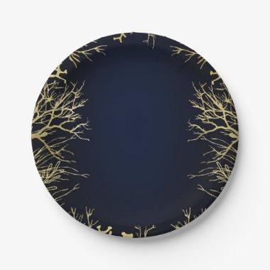 Gold & Dark Navy Blue Elegant Coral Wedding Paper Plates