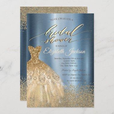 Gold Diamonds Dress Blue Metallic Bridal Shower Invitations