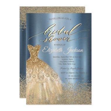 Gold Diamonds Dress Blue Metallic Bridal Shower Invitations