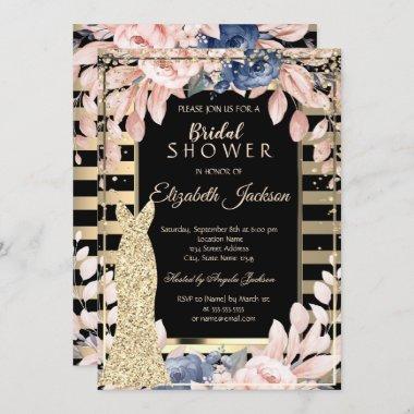 Gold Diamonds,Dress Striped Flowers Bridal Shower Invitations