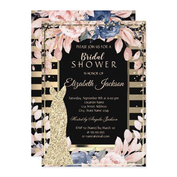 Gold Diamonds,Dress Striped Flowers Bridal Shower Invitations