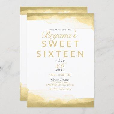 Gold Dijon Mustard Watercolor Modern Chic Sweet 16 Invitations