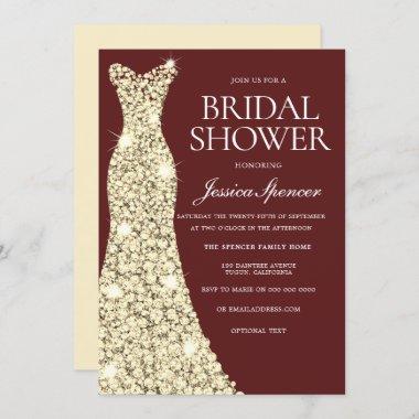 Gold Dress Golden Gown Bridal Shower Burgundy Invitations