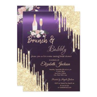 Gold Drips Brunch & Bubbly Purple Bridal Shower  Invitations