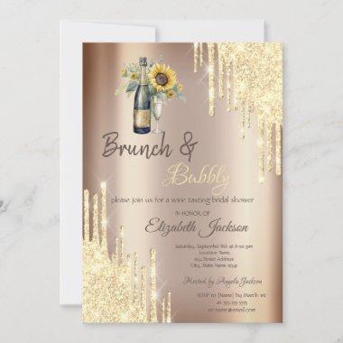 Gold Drips,Champagne,Sunflowers Bridal Shower Invitations