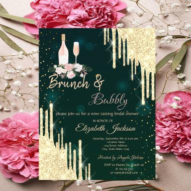 Gold Drips Green Brunch & Bubbly Bridal Shower Invitations