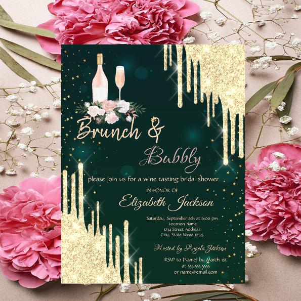 Gold Drips Green Brunch & Bubbly Bridal Shower Invitations