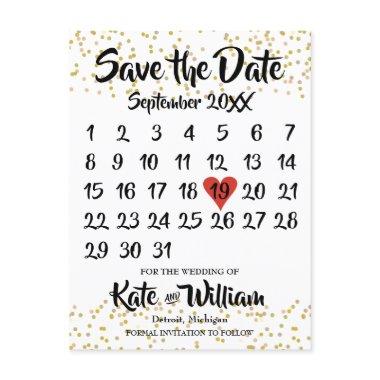 Gold Dust Love Heart Calendar Save the Date Announcement PostInvitations