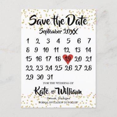 Gold Dust Love Heart Calendar Save the Date Announcement PostInvitations