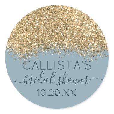 Gold Dusty Blue Glitter Confetti Bridal Shower Classic Round Sticker
