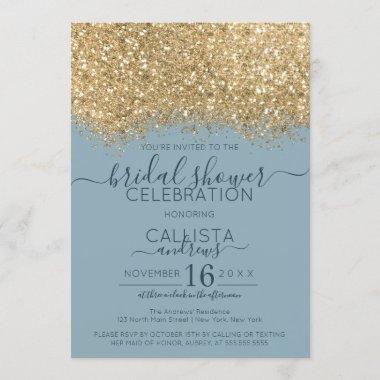 Gold Dusty Blue Glitter Confetti Bridal Shower Invitations